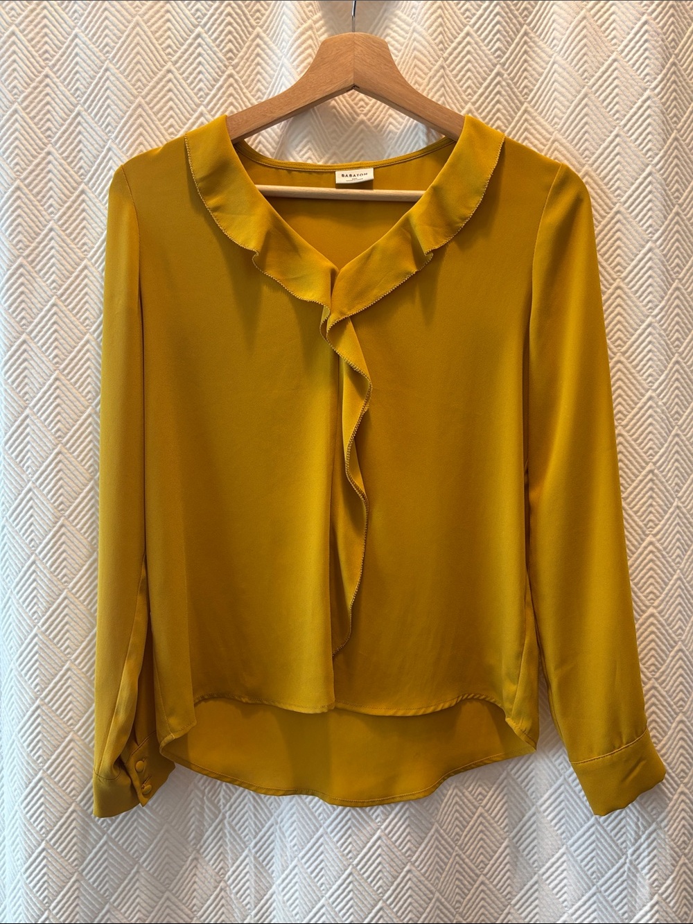BABATON ARITZIA Ruffle Front Blouse XXS Mustard Yellow Workwear Career Top